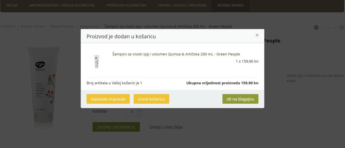 proizvod dodan u košaricu - web shop